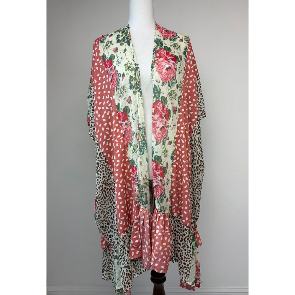 Umgee + Patchwork Mixed Print Ruffle Kimono Cardigan Topper Open Front 1XL/2XL